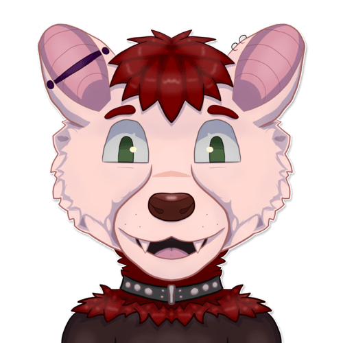 A pink anthropomorphic possum-spotted hyena hybrid with piercings, red hair, and a leather collar