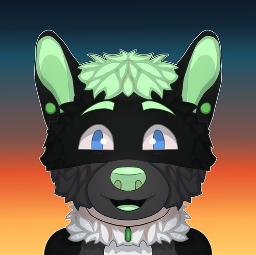 A headshot of a black and grey anthropomorphic wolf with green markings