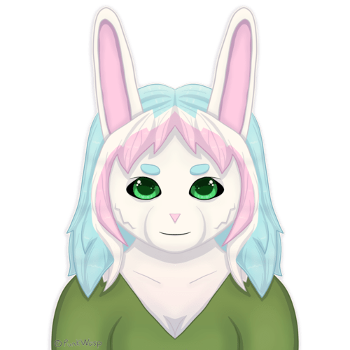 An anthropomorphic rabbit with hair in the colors of the trans pride flag and a green shirt.