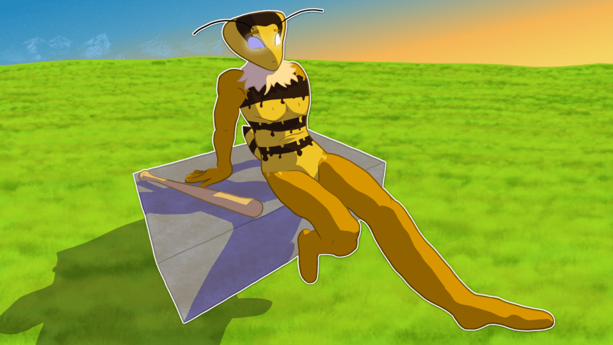Art of an anthropomorphic wasp sitting on a grey block in the middle of a field